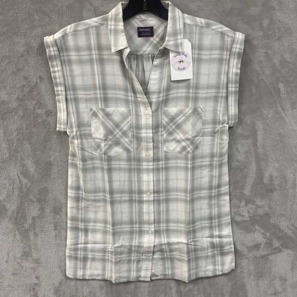 Untuckit Top Women’s 2 Plaid‎ Button Up Gray & Ivory Muscle Cotton Tencel New - Picture 1 of 5